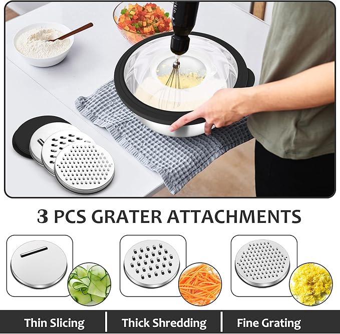 E-far Colander with Mixing Bowl Set, 4-1 Stainless Steel Colander Strainers Bowl with Graters for Kitchen, Rotatable Food Strainer Bowl for Rinsing Fruits Vegetables/Draining Pasta - Black