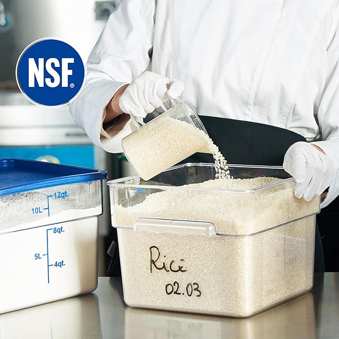 CURTA 4 Pack Food Storage Containers with Blue Lids - NSF Listed Commercial Grade in 12.0 Qt - Square, Clear, Polycarbonate