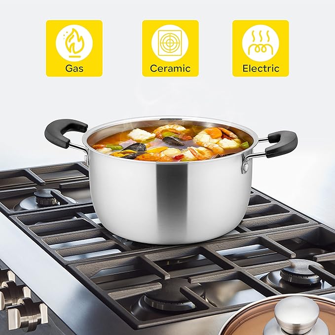E-far 3 Quart Stock Pot, Stainless Steel Metal Soup Pot with Glass Lid for Cooking, Healthy & Rust Free, Heavy Duty & Dishwasher Safe
