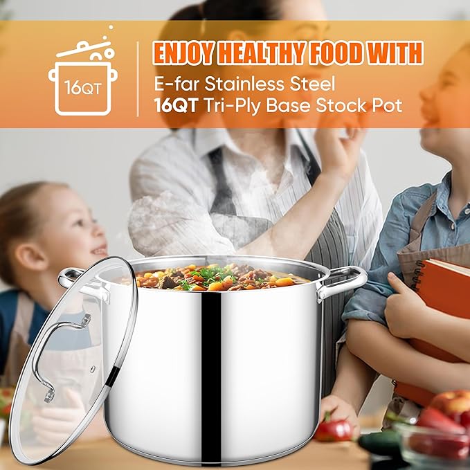 E-far 16 Quart Stainless Steel Stock Pot, Large Heavy Duty Induction Stockpot with Glass Lid for Cooking Soup Canning, Thick Tri-Ply Bottom & Riveted Handle, Compatible with All Stove, Dishwasher Safe