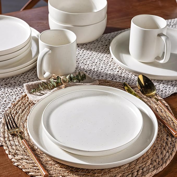 AmorArc Dinner Plates Set of 4, Handcrafted Porcelain Wavy Rim 10.5 Inch Modern Ceramic Plates Set, Dinnerware Dishes for Kitchen-Microwave&Dishwasher&Oven Safe, Chip resistant-Speckeld White