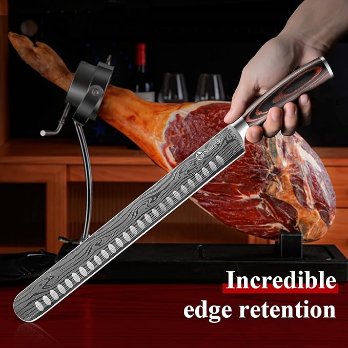 Sunnecko 12 Inch Carving Knife,Ultra Sharp High Carbon German Stainless Steel Brisket Slicing Knife for BBQ, Roasts, Turkey