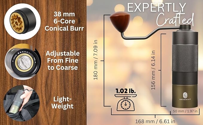 Premium Manual Burr Coffee Grinder - Hand Coffee Grinder with Titanium-Plated Stainless Steel Burr Mill; Extra-Fine to Coarse Coffee & Espresso Hand Grinder for Drip, French Press, Moka by GRINDCRAFT
