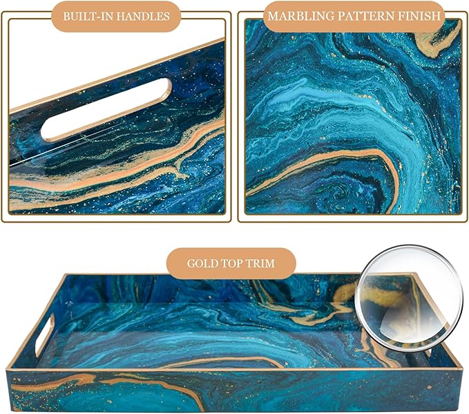 MAONAME Plastic Decorative Tray, Marbling Tray with Handles, Rectangular Coffee Table Trays, Blue Serving Trays for Ottoman, Bathroom, 15.7” x 11.8”