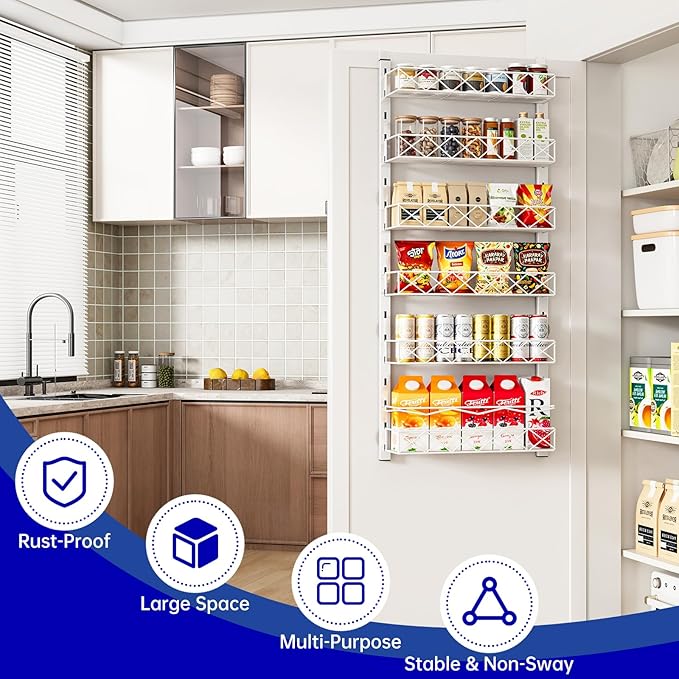 MIAOLI Over the Door Organizer, White 6-Tier Pantry Door Organizer with Adjustable Basket, Hanging Spice Rack Cabinet Door Shelves, Laundry Room Organization and Storage