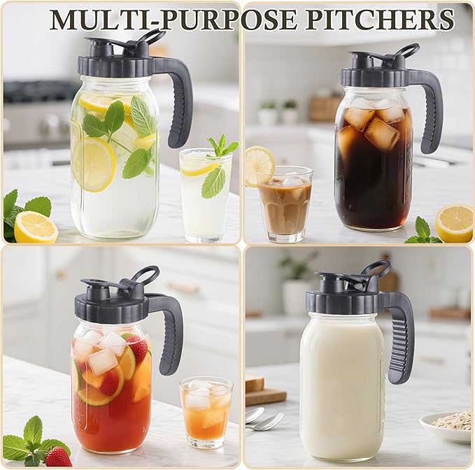 64 Oz Glass Mason Jar Pitcher With Lid 2 Quart Wide Mouth Cold Hot Water Pitcher Half Gallon Sun Tea Coffee Jug For Fridge Lemonade, Milk,Juice, Cold Brew Coffee Iced Tea Container Leakproof 2 Set
