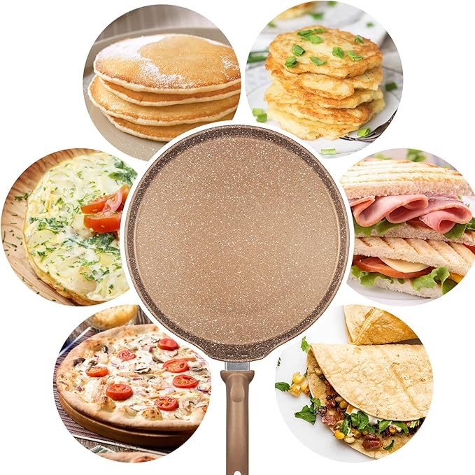 Nonstick Crepe Pan, Granite Coating Flat Skillet Dosa Tawa Tortilla Pan, 10 inch Pancake Griddle Roti Pan With Stay-Cool Handle, Induction Compatible, PFOA Free