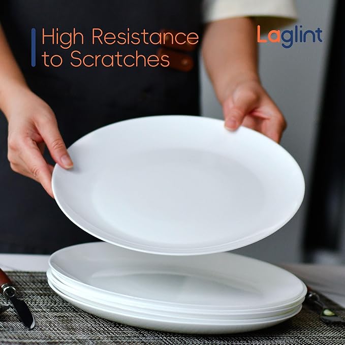 10.5 inch Dinner Plate Set of 6, Lightweight Round Opal Glass White Dinnerware Plates, Dishwasher and Microwave Safe