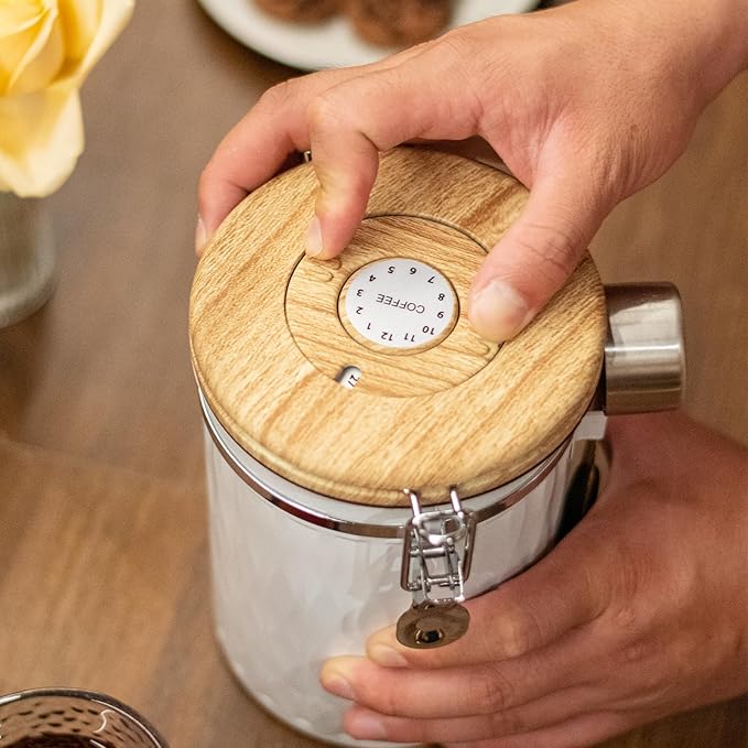 TEDSWAIT Coffee Container with Sealed Cantilever Lid and Scoop, Airtight Stainless Steel Kitchen Food Storage Canister with Date Tracker, 1.8L(White)