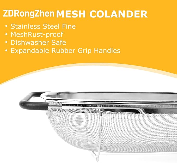 ZDRongZhen Kitchen Accessories Over the Sink Colander Strainer Basket,Stainless Steel Colander with Expandable Rubber Grip Sink Drainer-Rinse Vegetables Fruits &Strain&Drain (Large-Fine mesh)