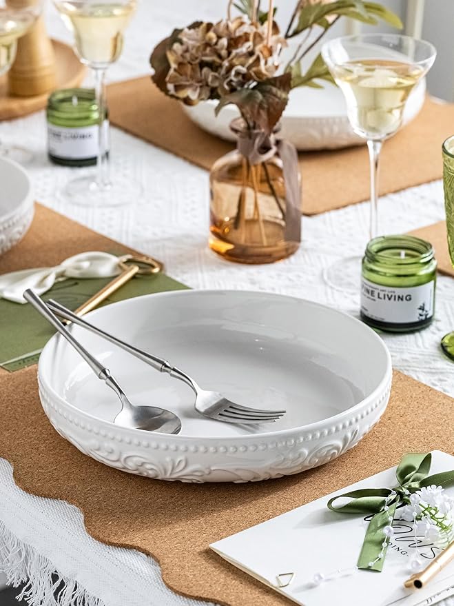 YHOSSEUN 9.75" Pasta Bowls Set of 4, 50 OZ Large Salad Bowl Pasta Plates, Ceramic Serving Bowl Plate White Soup Bowls, Embossed Morning Glory