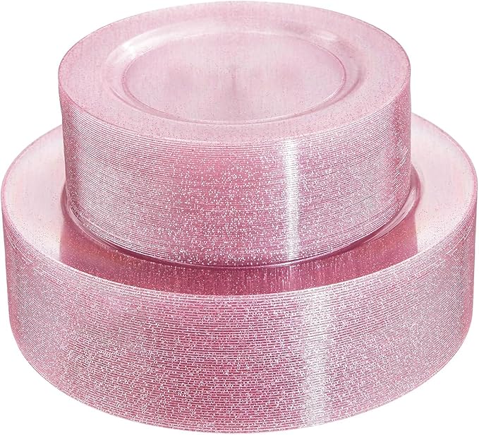 WDF 120pcs Pink Plastic Plates Disposable - Clear Pink Glitter Plates for Valentine's Day/Wedding including 60PCS Dinner Plates 10.25inch and 60PCS Salad Plates 7.5inch for Wedding/Party