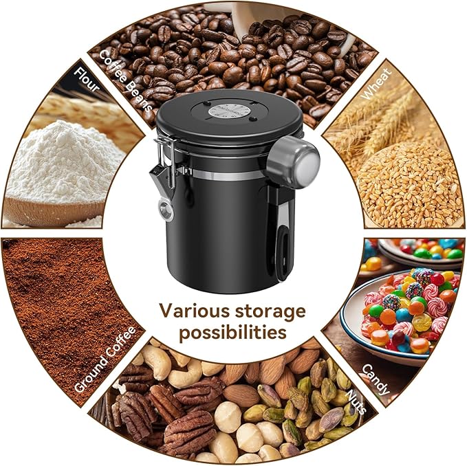 Coffee Canister With Window,16oz Stainless Steel Airtight Coffee Bean Storage Grounds Container with Date Tracker and Scoop,Grounds Kitchen Food Canister Jar for Beans,Tea,Sugar,Flour,Cereal
