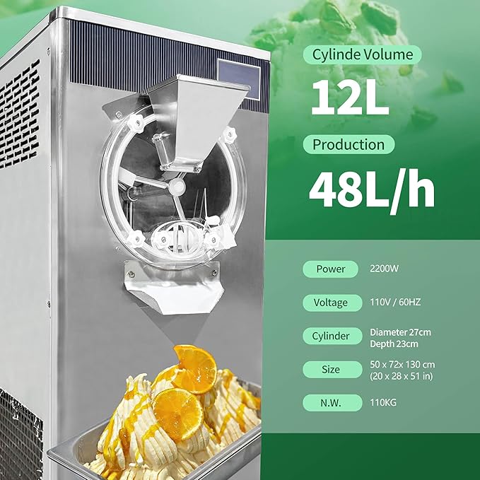 13Gal/H Gelato Batch Freezer, Hard Serve Ice Cream Machine Commercial, 12L Cylinder Italian Ice Machine, Frozen Yogurt Sorbet Maker for Dessert Shops, 5" Touch Panel