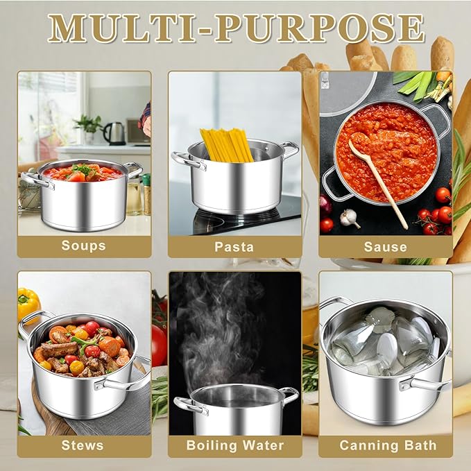 Leonyo 6QT Stock Pot with Lid, Stainless Steel Soup Pasta Pot for Home Kitchen Restaurant, Tri-Ply Bottom Stockpot for Canning, Boiling, Simmer, Dishwasher Safe