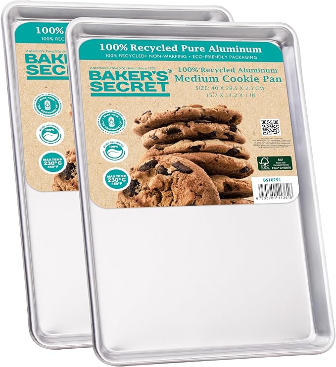 Baker's Secret Commercial Grade Baking Sheet 2x Aluminum Sheet 15" x 11, 100% Recycled, Cookie Sheets for Baking, Baking Pan, Baking Tray for Oven - The Natural Aluminum Collection