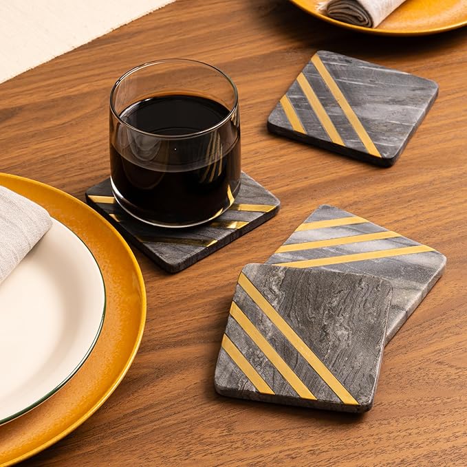 Cork & Mill Grey Marble Coasters Set of 6 - Real Natural Stone Gray and Black Coasters for Drinks - Luxury Gold Aesthetic - Modern Coffee Table Decor - Semi Absorbent Stone