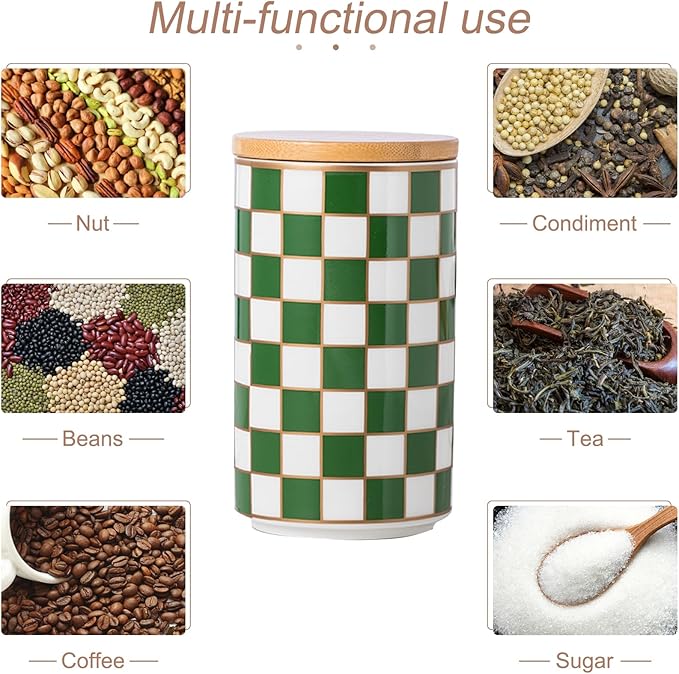 Kitchen countertop ceramic grid pattern airtight jar set - a set of 3 kitchen jars with layered shelves, sealed countertop flour and sugar containers, coffee and tea storage (Green)