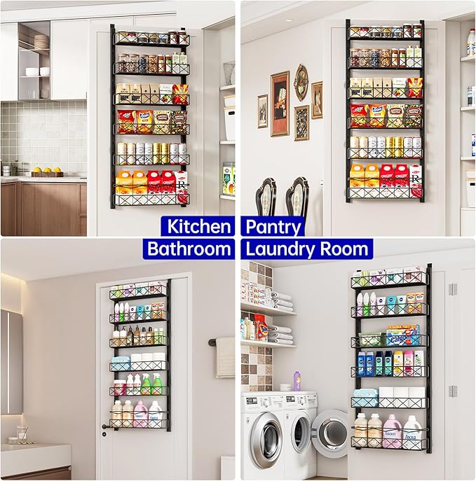MIAOLI Over the Door Organizer, Black 6-Tier Pantry Door Organizer with Adjustable Basket, Hanging Spice Rack Cabinet Door Shelves, Laundry Room Organization and Storage