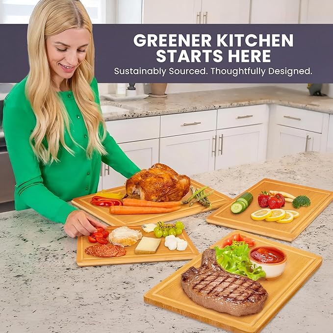 Extra Large Bamboo Cutting Board Set of 4 – Wood Cutting Boards for Kitchen with Glue-Free Surface™ & Juice Groove – Non-Toxic Wooden Chopping Boards, FSC-Certified, Durable Carving Boards - Rectangle