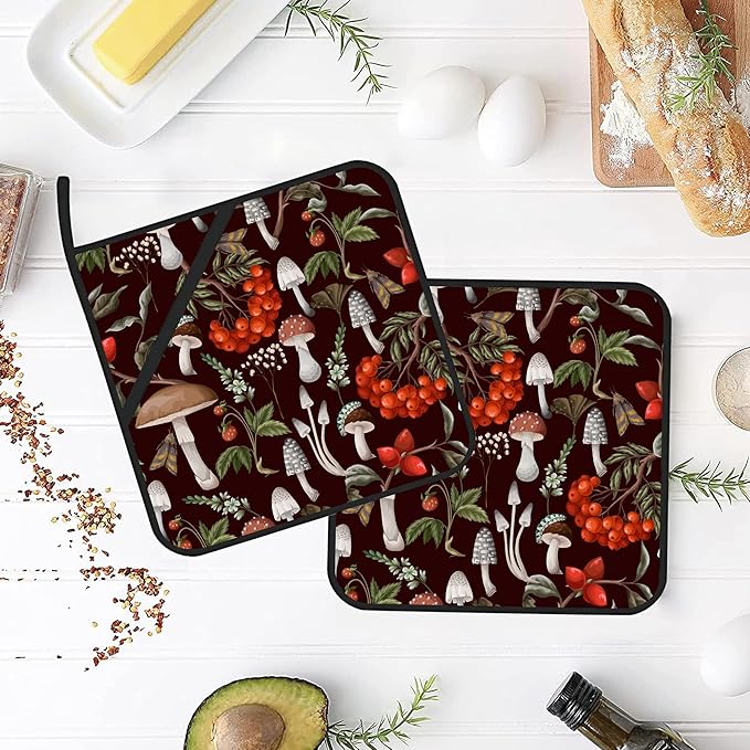 Mushrooms Pot Holders Set of 2 Heat Resistant & Non Slip Potholders, Berries and Plants Oven Hot Pads for Kitchen Cooking Baking Barbecue