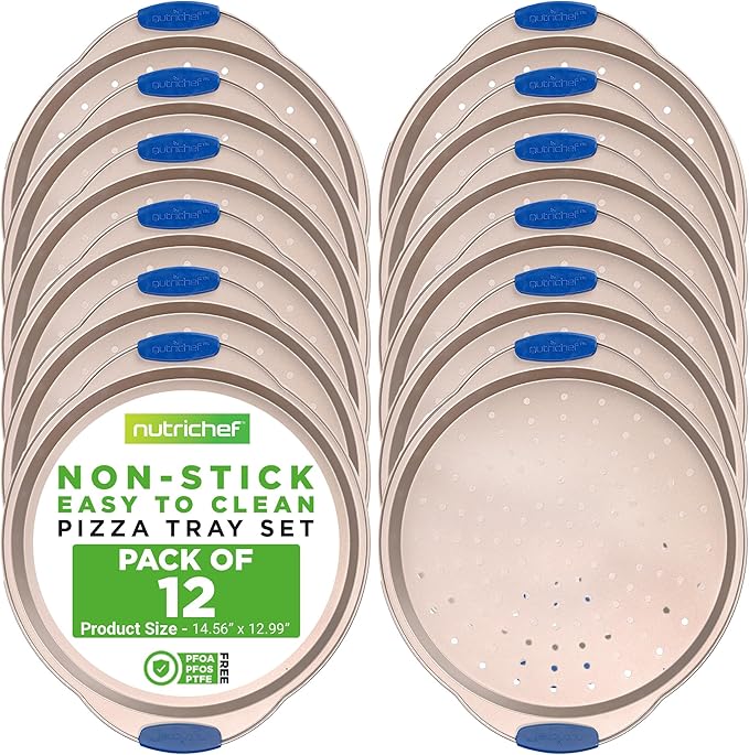 NutriChef 13-Inch Non-Stick Pizza Tray with Silicone Handle - Perforated Carbon Steel, Dishwasher Safe, PFOA Free - Champagne Gold - 12 Pack