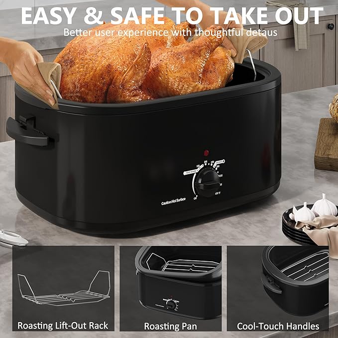SUNVIVIPRO Roaster Oven 28 Quart, Electric Turkey Roaster with Self-Basting Lid, Removable Pan & Rack, Variable Temp Control, Stainless Steel, Black