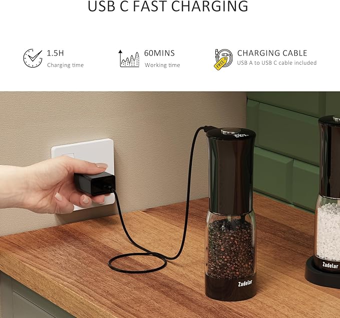 Electric Salt and Pepper Grinder Set with LED Power Display,Larger Capacity Salt and Pepper Shakers Set Rechargeable Electric with Flexible Coarsenes,LED Light,One Hand Operation for Kitchen