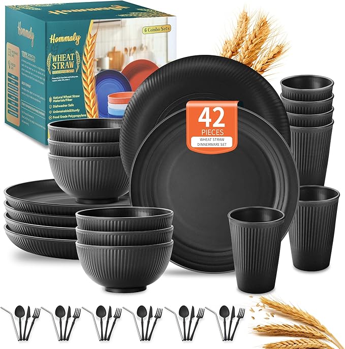 Wheat Straw Dinnerware Sets,42-Piece Black Plates and Bowls Sets for 6-Unbreakable,Reusable Plastic Dish Set-Dinner Plate/Cereal Bowl/Cup/Utensils-Microwavable Dishwasher Safe 42P-Black