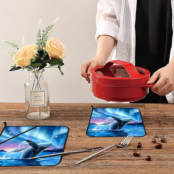 Whale with Aurora on Starry Pot Holders 2 PCS for Kitchen, Heat Resistant Hot Pads for Cooking Grilling Baking BBQ, Pot Holders for Women Cook Essentials Accessories Home Microwave