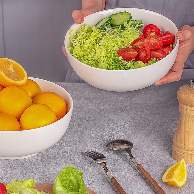 DELLING 60 Oz Large Serving Bowls Set, 8" White Soup Bowls Big Salad Bowls for Kitchen, Ceramic Mixing Bowls For Pasta, Soup, Fruit Vegetable, Ramen, Microwave & Dishwasher Safe, 3 Pack