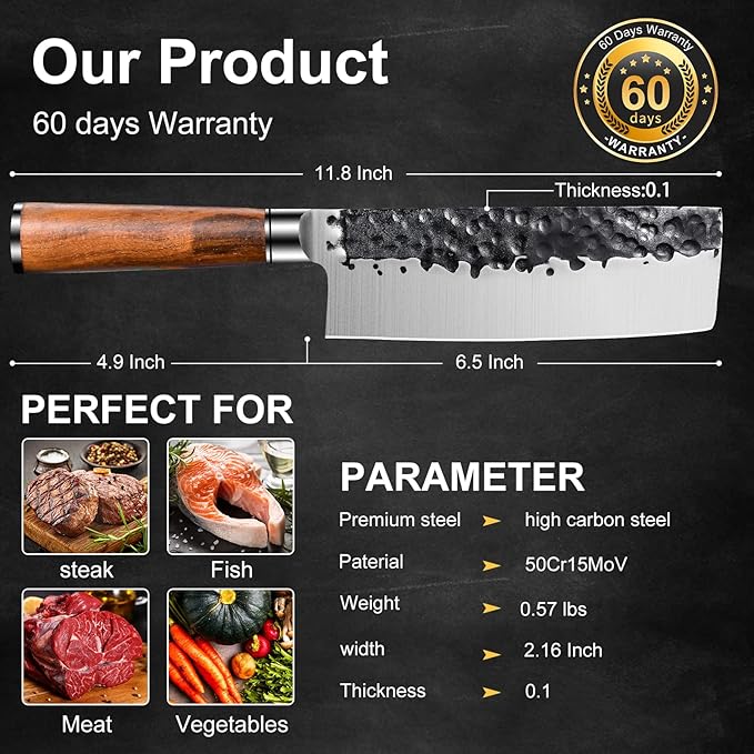 6.5 Inch Nakiri Knife, Asian Usuba Knife, Stainless Steel With Hand-forged, Brazilian Rosewood Handle and Gift Box for Family & Restaurant