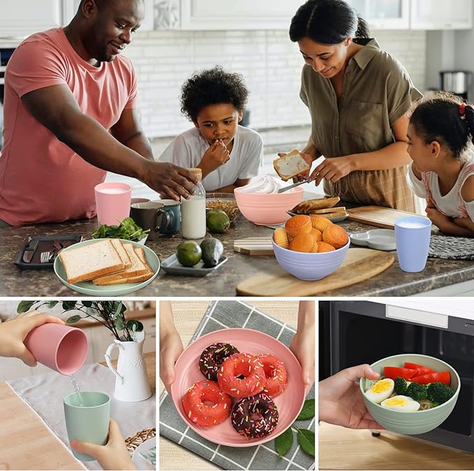 Wheat Straw Dinnerware Sets for 4, Wheat Straw Plates and Bowls Sets Kitchen Dishes 28pcs College Dorm Room Essentials Cutlery Set Microwave Safe (Colorful)