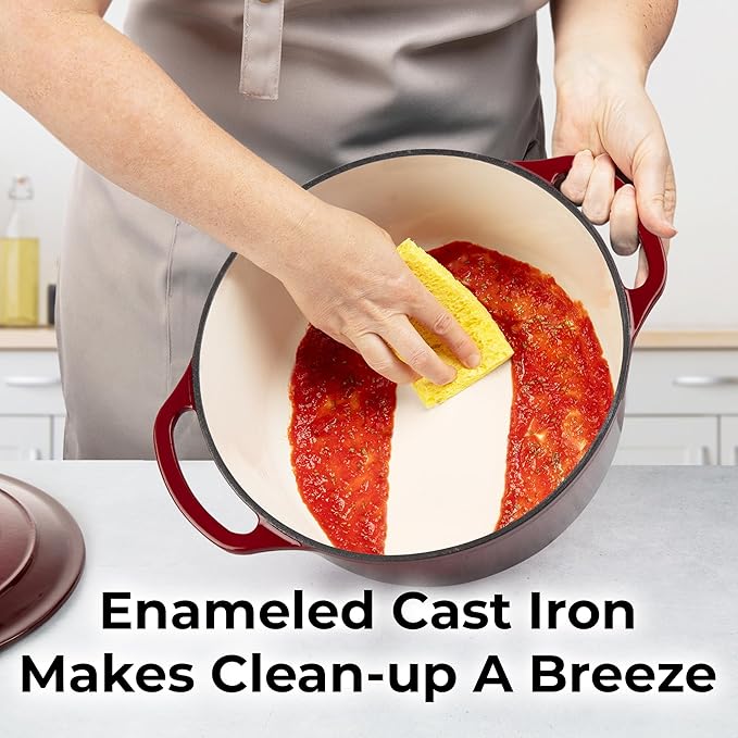 Zulay Kitchen 6 Quart Enameled Cast Iron Dutch Oven with Lid, Silicone Trivet & Heat Pad – Premium Durability & Oven Safe up to 500°F – Heavy Duty Cookware Perfect for Bread Baking, Stews, Braising & Roasting – Garnet