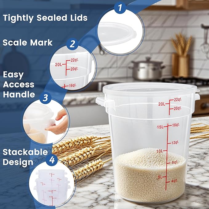 4 Pack 22QT Round Food Storage Containers with Lids, BPA-Free Polypropylene NSF Commercial Food Container, with Labels & Measuring Cup