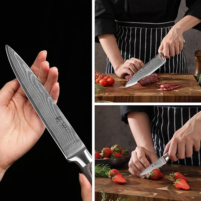 Wakoli EDIS Damascus 4-Piece Knife Set – Japanese Style Kitchen Knives | Genuine Damascus Steel Blades with VG10 Core | Ergonomic Pakkawood Handles | Professional Chef Knife Set in Wooden Gift Box