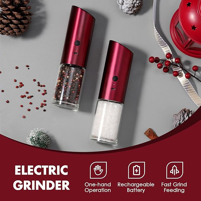 Vzaahu Gravity Electric Pepper and Salt Grinder Set of 2 - Rechargeable, Refillable, Adjustable Coarseness, Stainless Steel Seasalt Peppermill with LED light - One Hand Operation (Red)