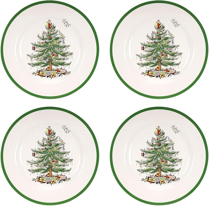 Spode Christmas Tree 10.5" Dinner Plate (Set of 4) - Festive Holiday Stoneware Plate with Christmas Tree & Green Borders, Microwave, Dishwasher, Freezer, Oven Safe - Collectible Holiday Tableware