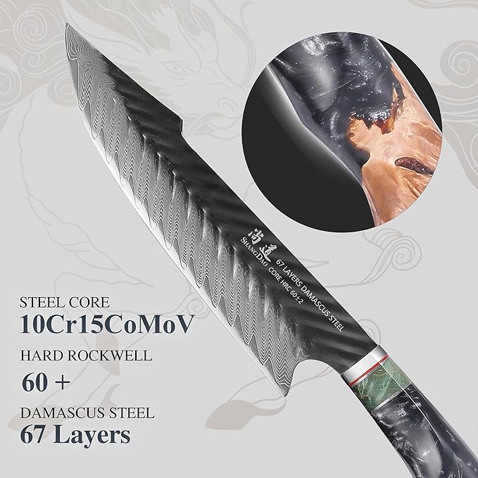 SHANGDAO Damascus Chef Knife 8 Inch,67 Layers Alloy Steel Professional Kitchen Knives with Leather Sheath, Hand Forged Resin & Wood Handle QILIN Series
