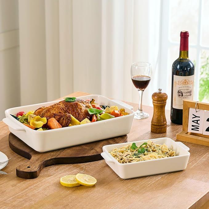 Ceramic Bakeware Set, Rectangular Porcelain Baking Dishes for Kitchen, Lasagna Pans with Handle for Cooking, 13"/10"/7.6" Baking Pan Deep Casserole Dish for Baking, Set of 3 White
