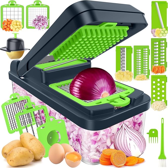 12-in-1 Vegetable Chopper, Kitchen Gadgets with 7 Blades, Veggie, Food, Onion Chopper, Cucumber Slicer, Versatile Mandoline, Includes Egg Separator & Finger Guard, Green
