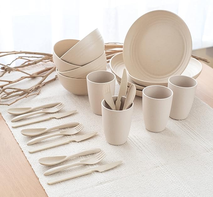 FOODLE Wheat Straw Dinnerware Set - BPA Free & Safety Tested - Unbreakable, Microwave & Dishwasher Safe Dishes - Picnic, RV, Dorm, Camping Plates Cups and Bowls - Great for Kids & Adults - For 4