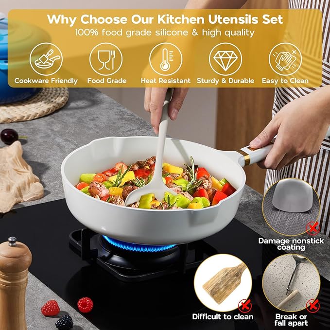 Silicone Cooking Utensils Set, Onader 6 Pieces Kitchen Utensils for Cooking, White Kitchen Utensils Gadget Set of Nonstick Cookware