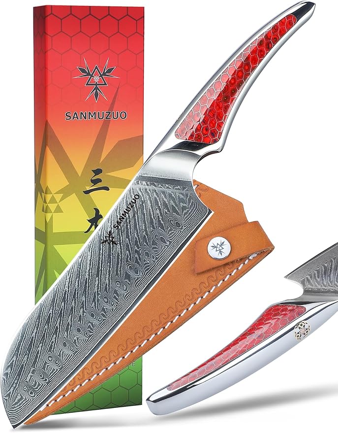 7 inch Santoku Knife, Japanese VG-10 Damascus Steel Chef Knife, Ultra Sharp Kitchen Knife with Full-tang Handle in Red Resin, LA-S9 Series