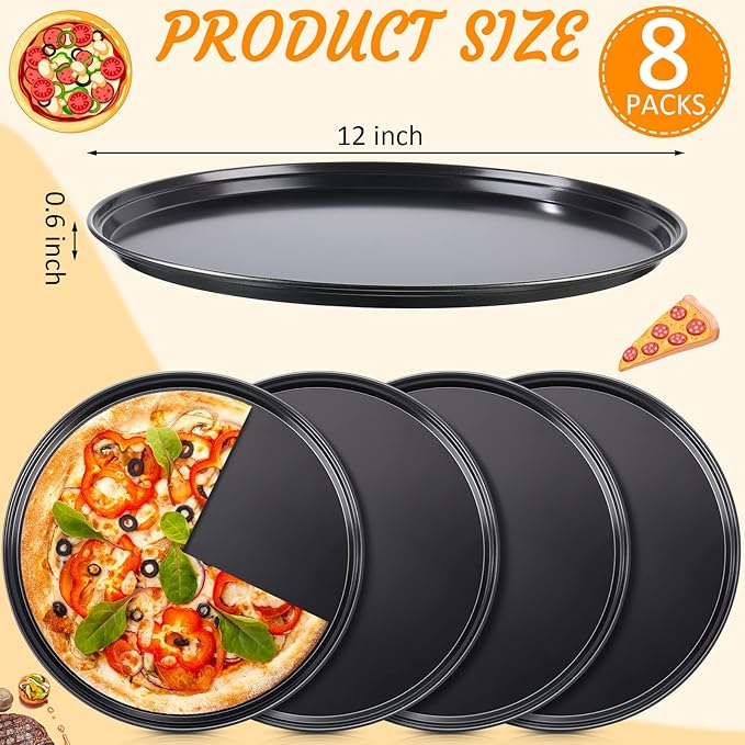 Meanplan 8 Pcs Non Stick Bakeware Pizza Pan Round Pan for Oven Carbon Steel Oven Tray Pie Baking for Home Restaurant Kitchen Baking Supplies, Black(12 Inch)