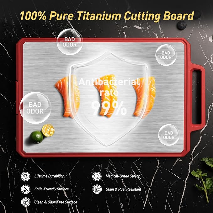 Titanium Cutting Boards for Kitchen Chopping Board with Handle Large Big Small Kitchen Meat Butcher Block 2 in 1 Pure Titanium and Wheat Straw PP Not Wood Bamboo Plastic Silicone Teak Red/Beige