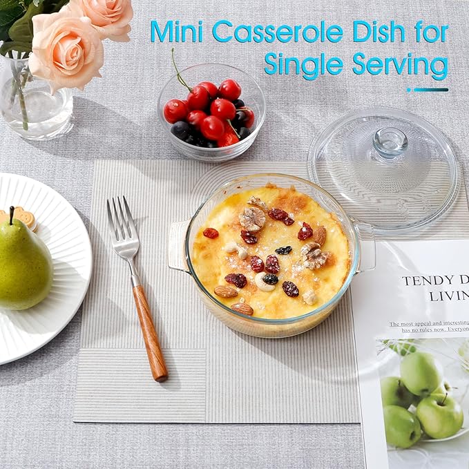 NUTRIUPS Mini Glass Casserole Dish with Lid Oven Safe Covered Round Casserole Dish 6" Glass Microwave Bowls With Lid Microwavable Cookware (26oz-Mini)