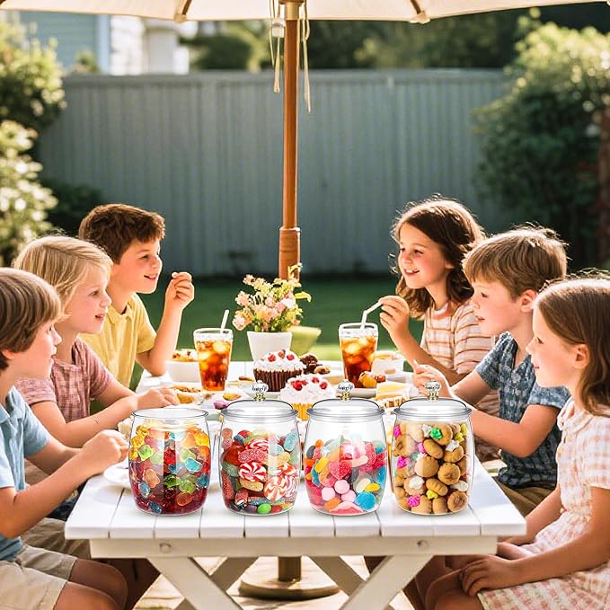 4 Pcs Clear Plastic Candy Jars with Lids, 1/2 Gallon (68oz) Airtight Cookie Containers – Large Apothecary Canisters for Snacks, Wedding Buffet, Kitchen, Home & Bar Décor Halloween Candy Jar