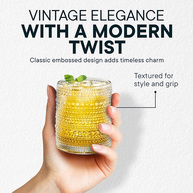 12 OZ Hobnail Drinking Set of 12 – Vintage Embossed Glassware, Textured Tumblers for Water, Beer, Cocktails, Mocktails, Whiskey & More – Includes Straws and Coasters – Clear