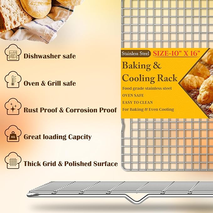 2PCS Cooling Racks for Cooking and Baking - 10" x 16"Heavy Duty Stainless Steel Wire Rack for Baking, Grilling, Roasting - Oven & Dishwasher Safe - Fits Half Sheet Pan(Silver)